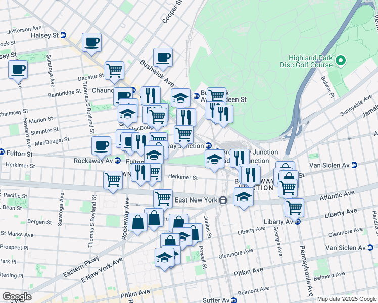 map of restaurants, bars, coffee shops, grocery stores, and more near 19 Sackman Street in Brooklyn