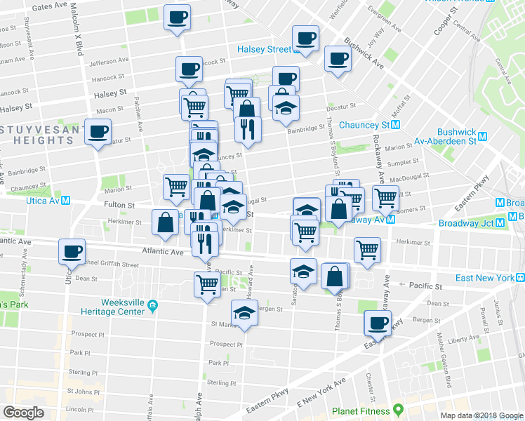 map of restaurants, bars, coffee shops, grocery stores, and more near 1994 Fulton Street in Brooklyn