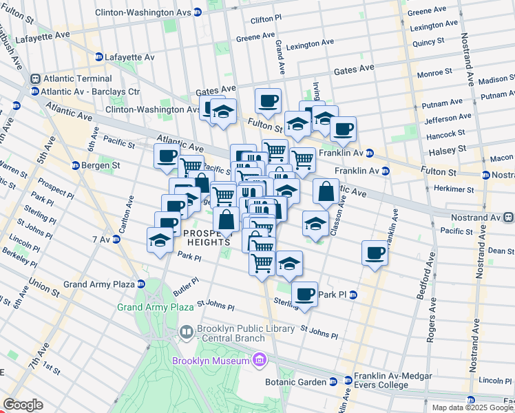 map of restaurants, bars, coffee shops, grocery stores, and more near 751 Bergen Street in Brooklyn
