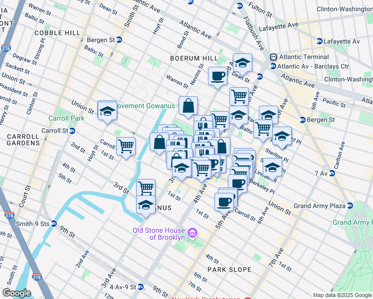map of restaurants, bars, coffee shops, grocery stores, and more near 625 Union Street in Brooklyn