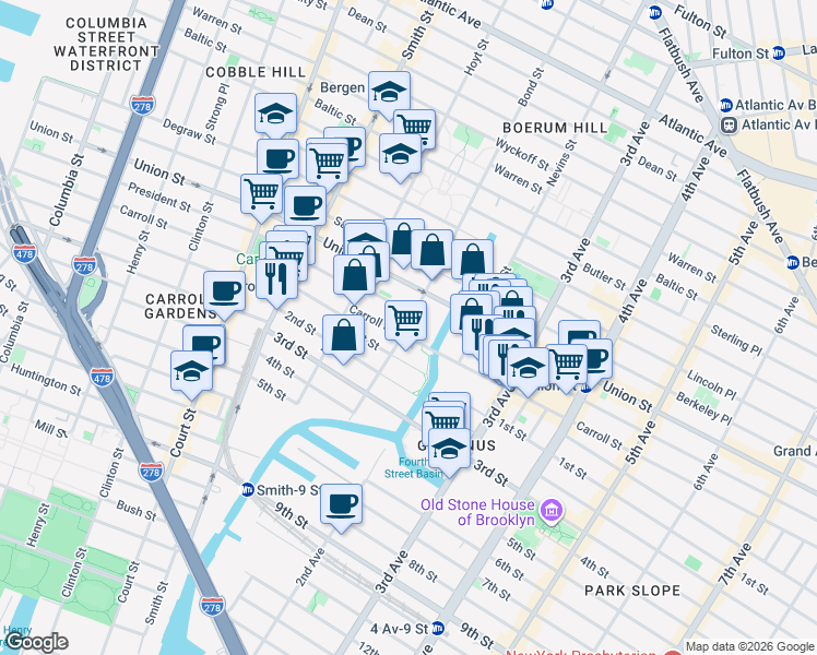 map of restaurants, bars, coffee shops, grocery stores, and more near 347 Bond Street in Brooklyn