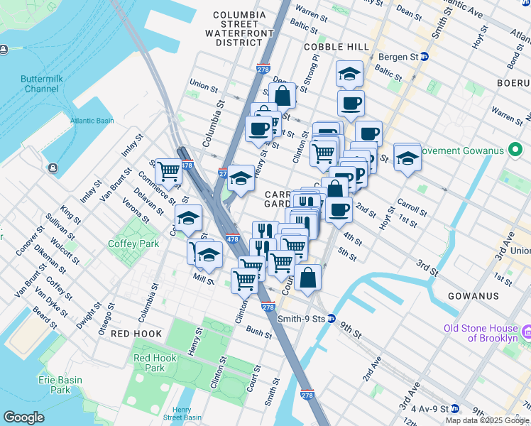 map of restaurants, bars, coffee shops, grocery stores, and more near 28 4th Place in Brooklyn