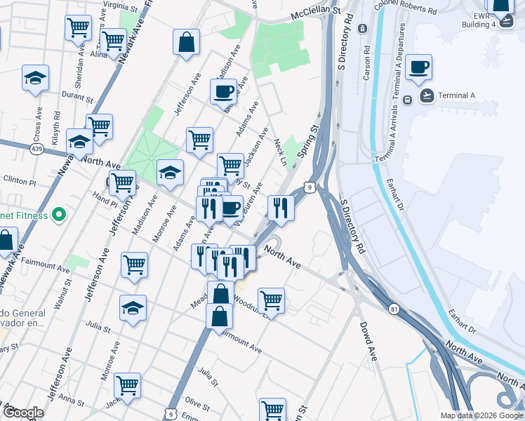 map of restaurants, bars, coffee shops, grocery stores, and more near 821 Van Buren Avenue in Elizabeth