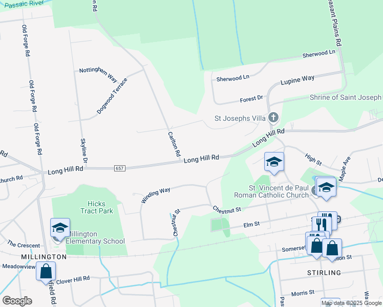 map of restaurants, bars, coffee shops, grocery stores, and more near 1445 Long Hill Road in Long Hill