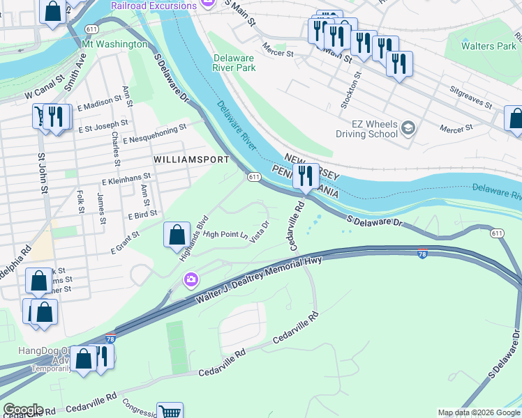 map of restaurants, bars, coffee shops, grocery stores, and more near 201 Vista Drive in Easton
