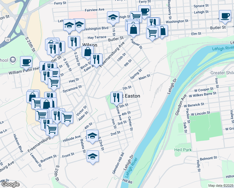 map of restaurants, bars, coffee shops, grocery stores, and more near 2311 6th Street in West Easton
