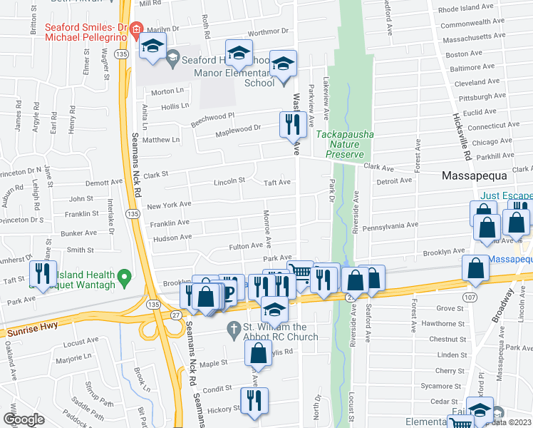 map of restaurants, bars, coffee shops, grocery stores, and more near Monroe Avenue in Seaford