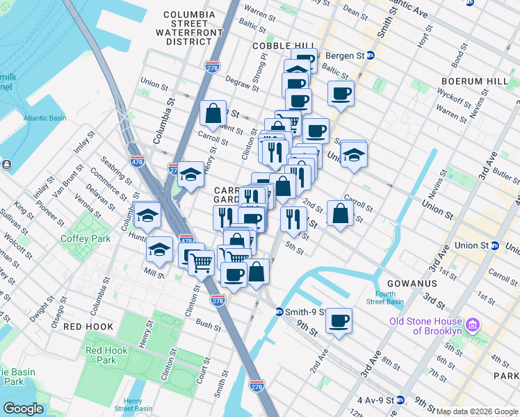 map of restaurants, bars, coffee shops, grocery stores, and more near 97 3rd Place in Brooklyn