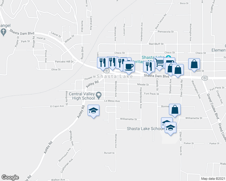 map of restaurants, bars, coffee shops, grocery stores, and more near 4159 Fort Peck Street in Shasta Lake
