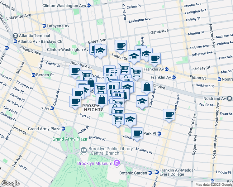 map of restaurants, bars, coffee shops, grocery stores, and more near 751 Bergen Street in Brooklyn
