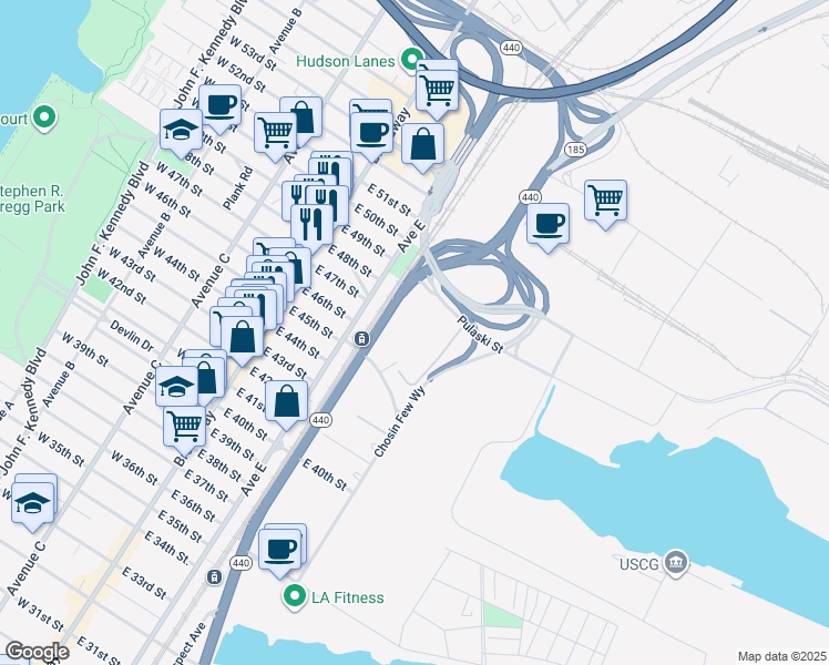 map of restaurants, bars, coffee shops, grocery stores, and more near 2 Pulaski Street in Bayonne
