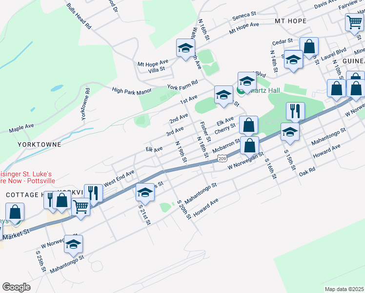 map of restaurants, bars, coffee shops, grocery stores, and more near 220 North 19th Street in Pottsville