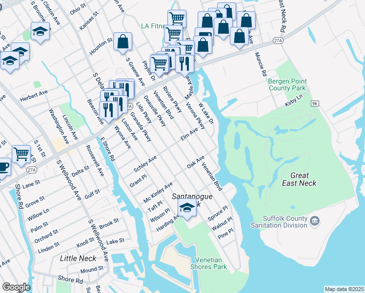 map of restaurants, bars, coffee shops, grocery stores, and more near 216 Deauville Parkway in Lindenhurst