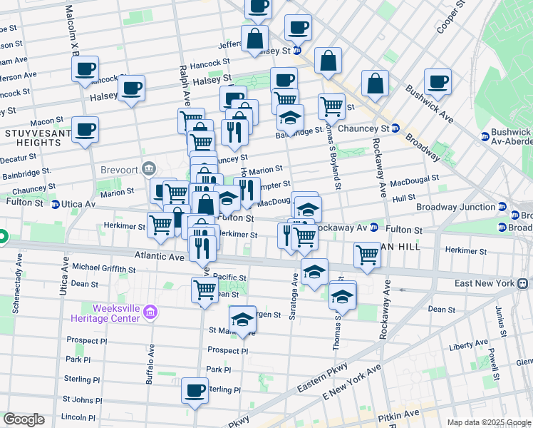 map of restaurants, bars, coffee shops, grocery stores, and more near 1994 Fulton Street in Brooklyn