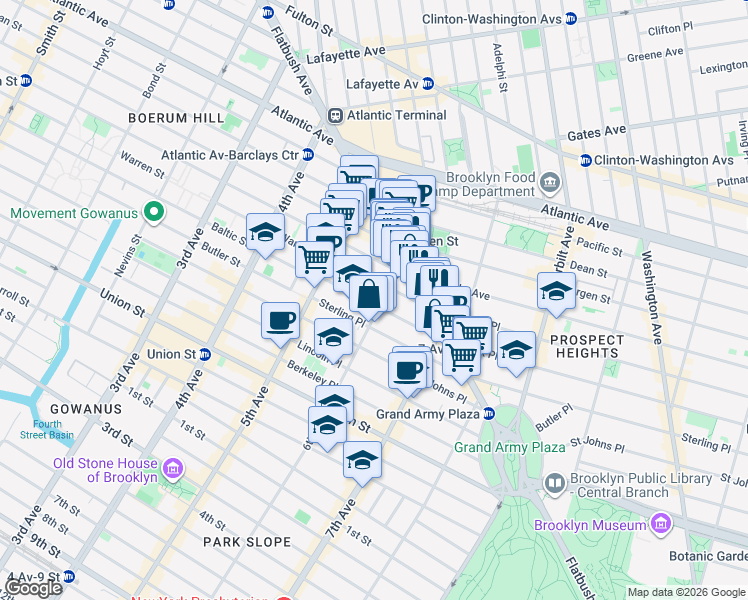 map of restaurants, bars, coffee shops, grocery stores, and more near 80 Park Place in Brooklyn