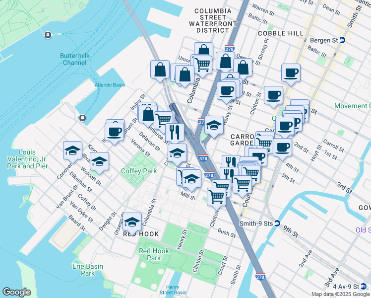 map of restaurants, bars, coffee shops, grocery stores, and more near 27 Luquer Street in Brooklyn