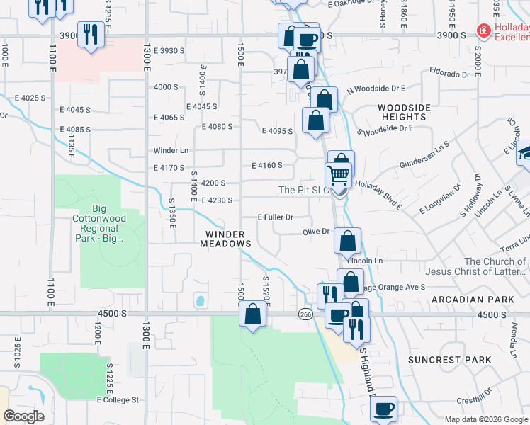 map of restaurants, bars, coffee shops, grocery stores, and more near 1553 East Fuller Drive in Millcreek