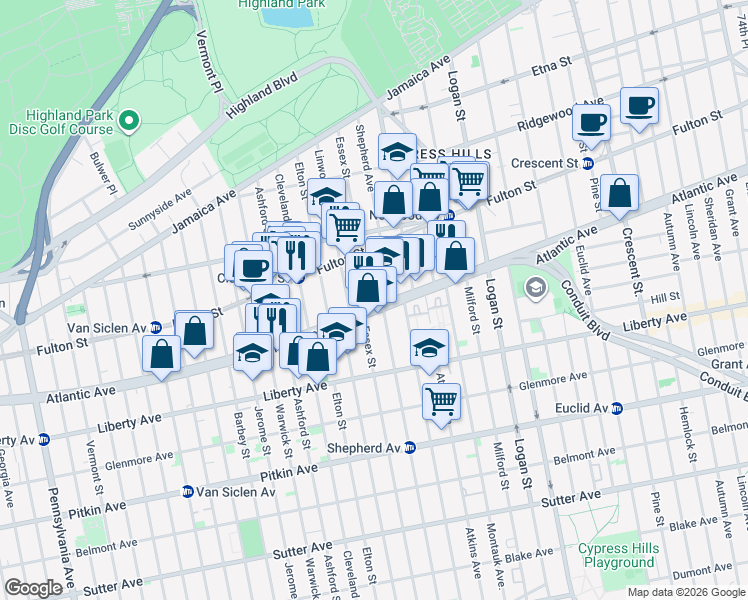 map of restaurants, bars, coffee shops, grocery stores, and more near 260 Shepherd Avenue in Brooklyn