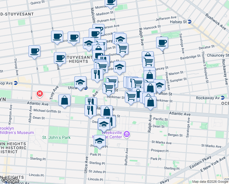 map of restaurants, bars, coffee shops, grocery stores, and more near 781 Herkimer Street in Brooklyn
