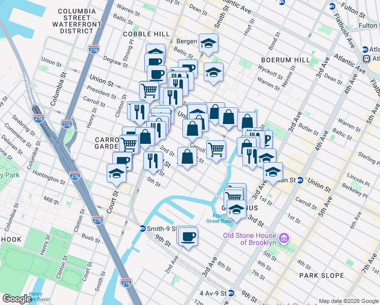 map of restaurants, bars, coffee shops, grocery stores, and more near 30 1st Street in Brooklyn