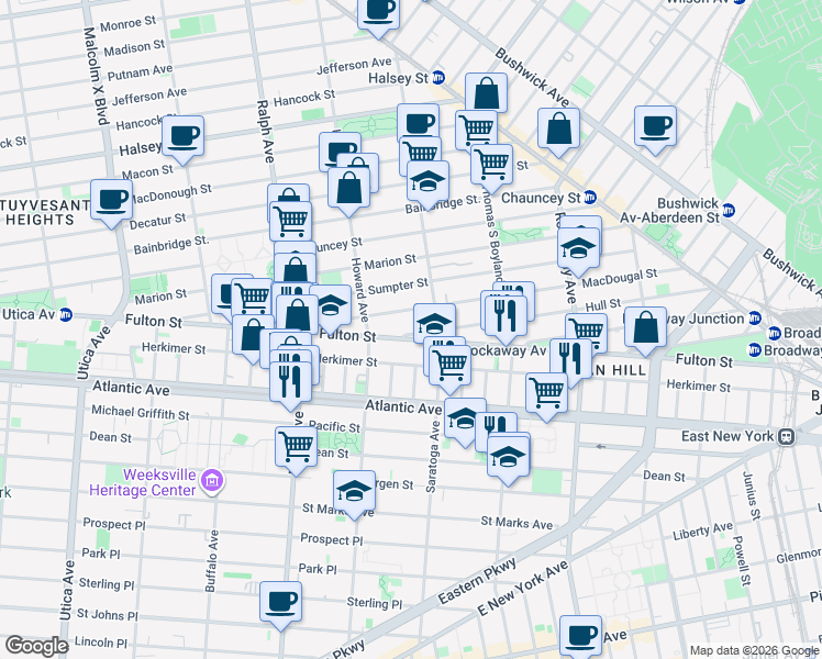 map of restaurants, bars, coffee shops, grocery stores, and more near in Brooklyn