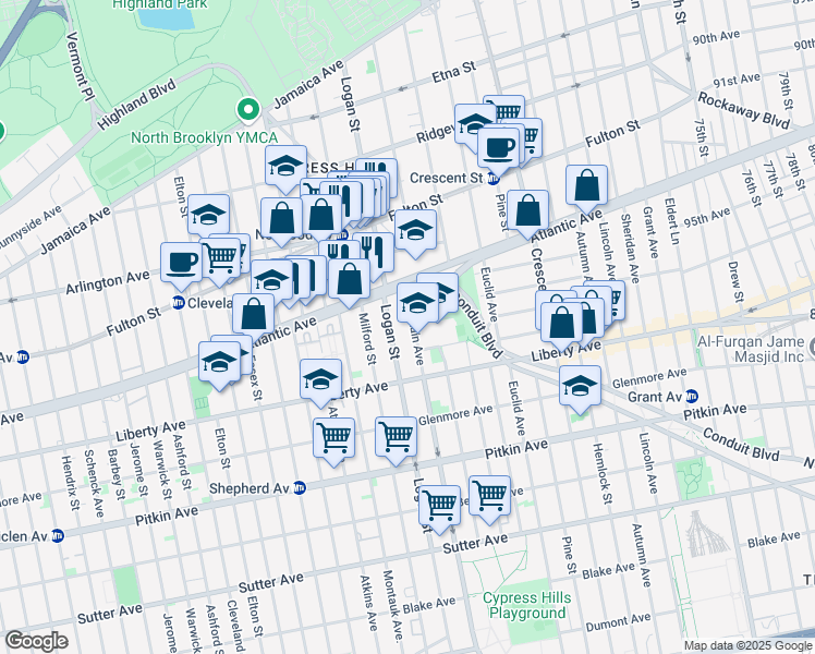 map of restaurants, bars, coffee shops, grocery stores, and more near 50 Fountain Avenue in Brooklyn