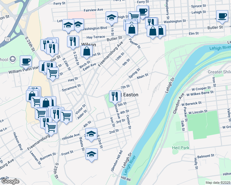 map of restaurants, bars, coffee shops, grocery stores, and more near 2311 6th Street in West Easton