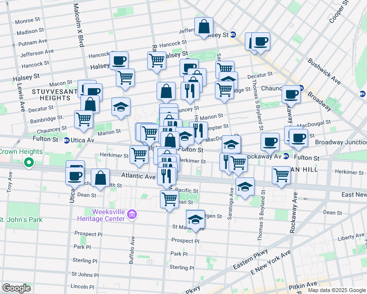 map of restaurants, bars, coffee shops, grocery stores, and more near 1895A Fulton Street in Brooklyn
