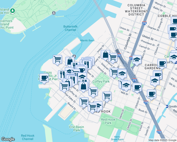 map of restaurants, bars, coffee shops, grocery stores, and more near 287 Van Brunt Street in Brooklyn