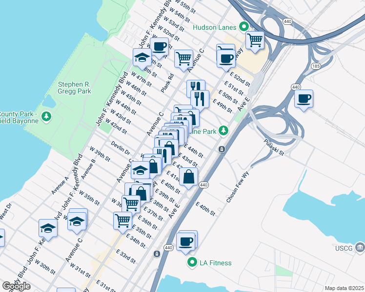 map of restaurants, bars, coffee shops, grocery stores, and more near 24 East 44th Street in Bayonne