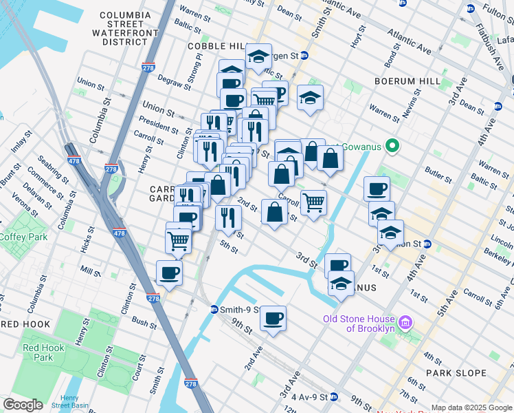 map of restaurants, bars, coffee shops, grocery stores, and more near 35 2nd Street in Brooklyn