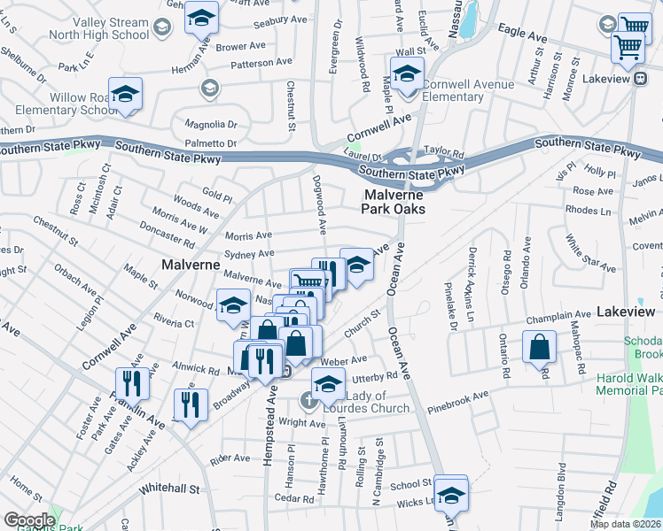 map of restaurants, bars, coffee shops, grocery stores, and more near 1219 Hempstead Avenue in Malverne