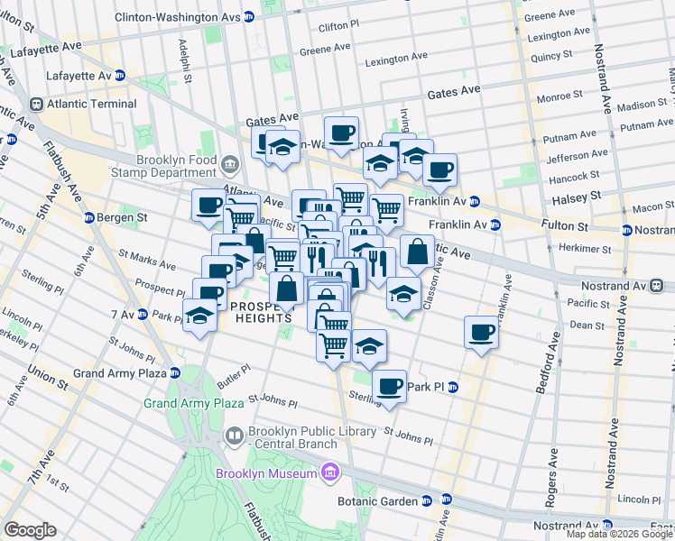 map of restaurants, bars, coffee shops, grocery stores, and more near 751 Bergen Street in Brooklyn