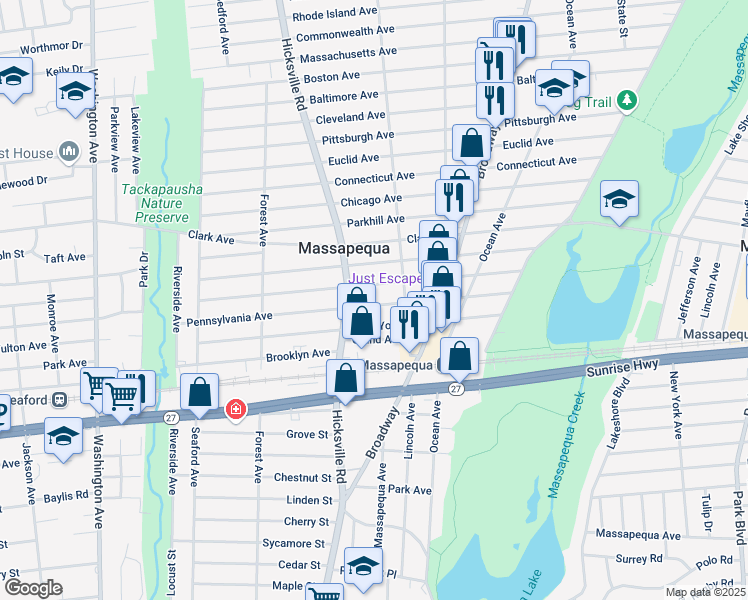 map of restaurants, bars, coffee shops, grocery stores, and more near 79 Pennsylvania Avenue in Massapequa