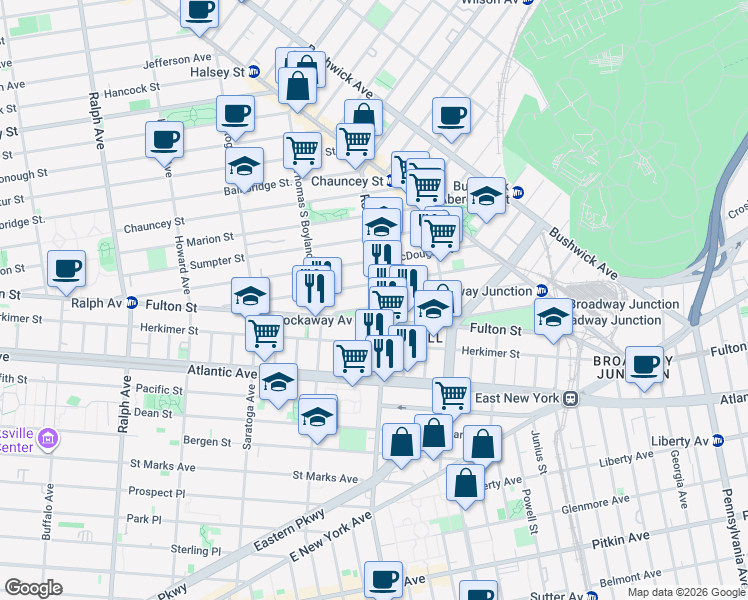 map of restaurants, bars, coffee shops, grocery stores, and more near 130 Rockaway Avenue in Brooklyn