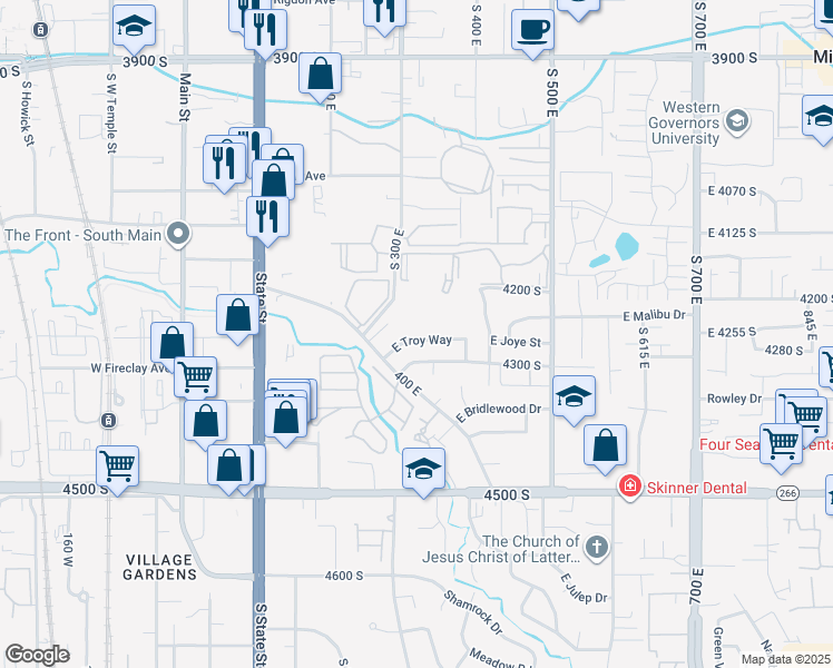 map of restaurants, bars, coffee shops, grocery stores, and more near 329 East Troy Way in Millcreek