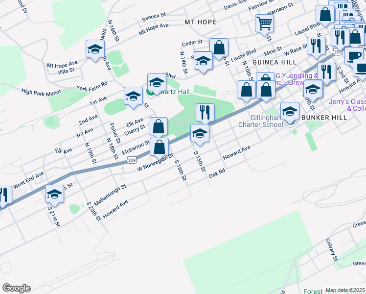 map of restaurants, bars, coffee shops, grocery stores, and more near 1538 West Norwegian Street in Pottsville