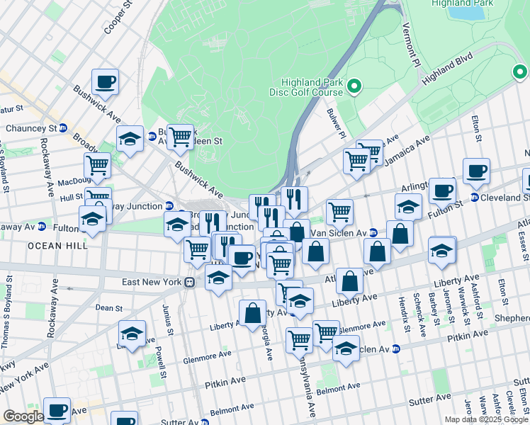 map of restaurants, bars, coffee shops, grocery stores, and more near 51 Fanchon Place in Brooklyn