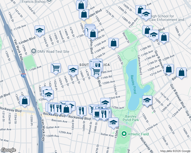 map of restaurants, bars, coffee shops, grocery stores, and more near 119-17 147th Street in Queens