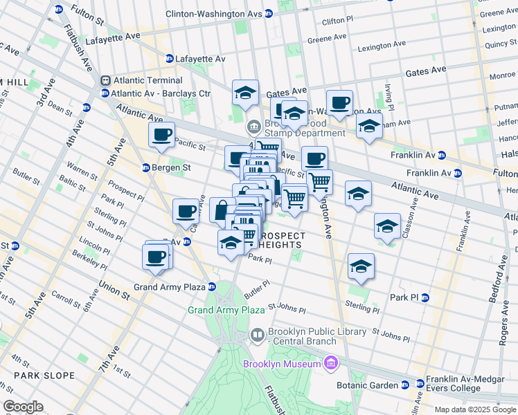 map of restaurants, bars, coffee shops, grocery stores, and more near 611 Vanderbilt Avenue in Brooklyn
