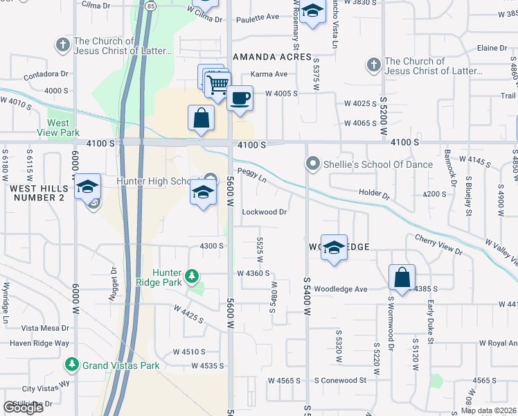 map of restaurants, bars, coffee shops, grocery stores, and more near 5520 Lockwood Drive in West Valley City