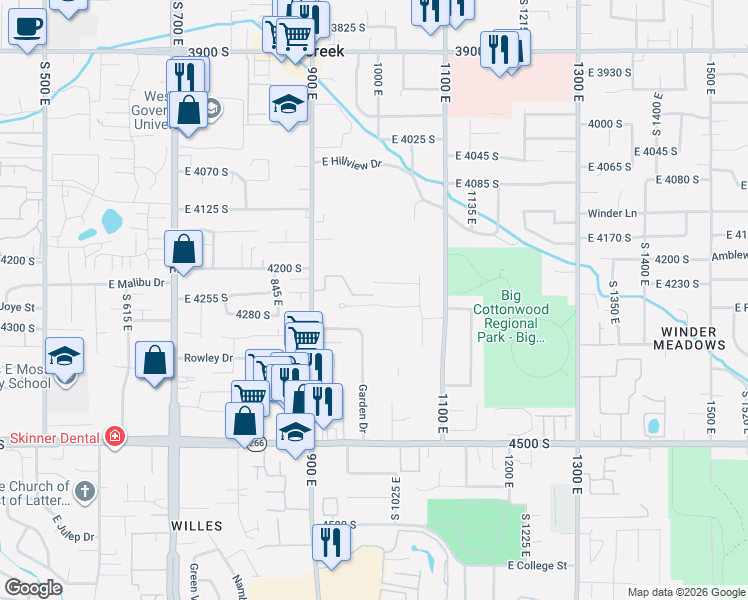 map of restaurants, bars, coffee shops, grocery stores, and more near 995 East Sagehill Drive in Millcreek