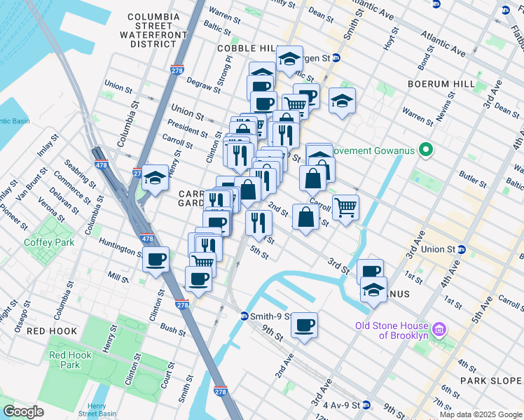 map of restaurants, bars, coffee shops, grocery stores, and more near 21 3rd Street in Brooklyn