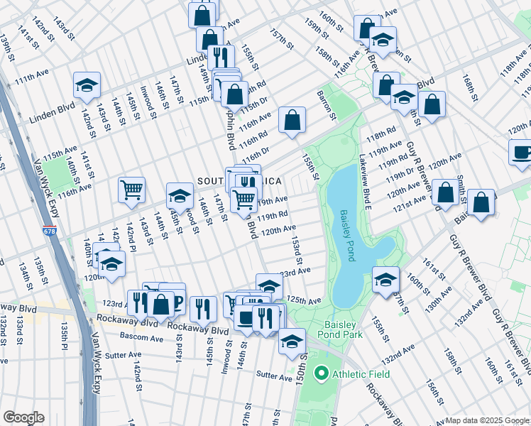 map of restaurants, bars, coffee shops, grocery stores, and more near 119-33 Sutphin Boulevard in Queens