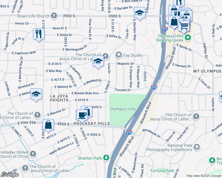 map of restaurants, bars, coffee shops, grocery stores, and more near 4283 South 3080 East in Salt Lake City