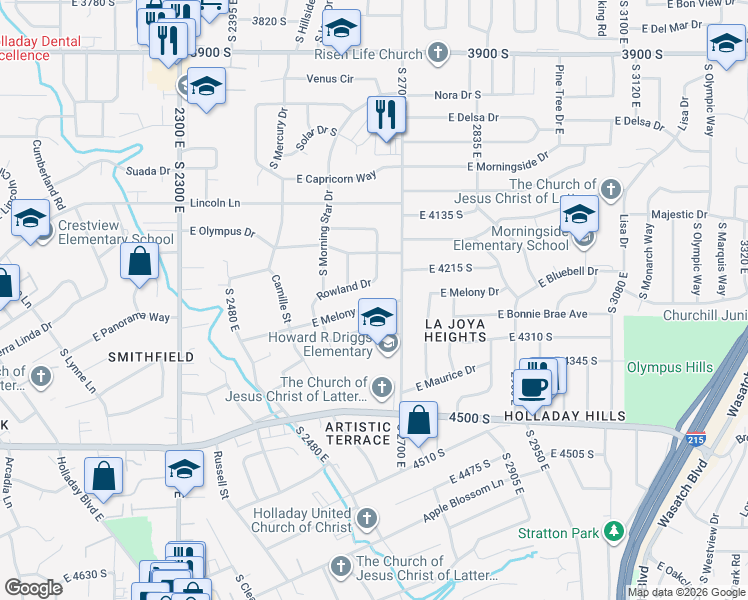 map of restaurants, bars, coffee shops, grocery stores, and more near 4275 Glenna Drive in Holladay