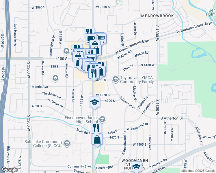 map of restaurants, bars, coffee shops, grocery stores, and more near 4247 Atherton Drive in Taylorsville