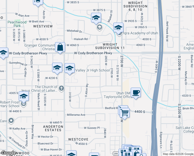 map of restaurants, bars, coffee shops, grocery stores, and more near 4243 South King Arthur Drive in West Valley City