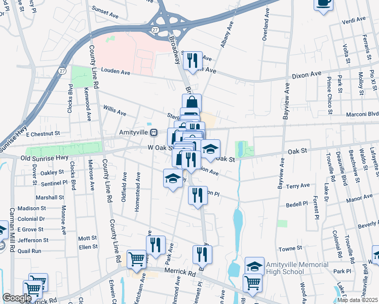 map of restaurants, bars, coffee shops, grocery stores, and more near in Amityville