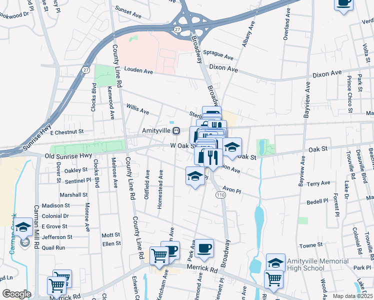map of restaurants, bars, coffee shops, grocery stores, and more near 32 Greene Avenue in Amityville